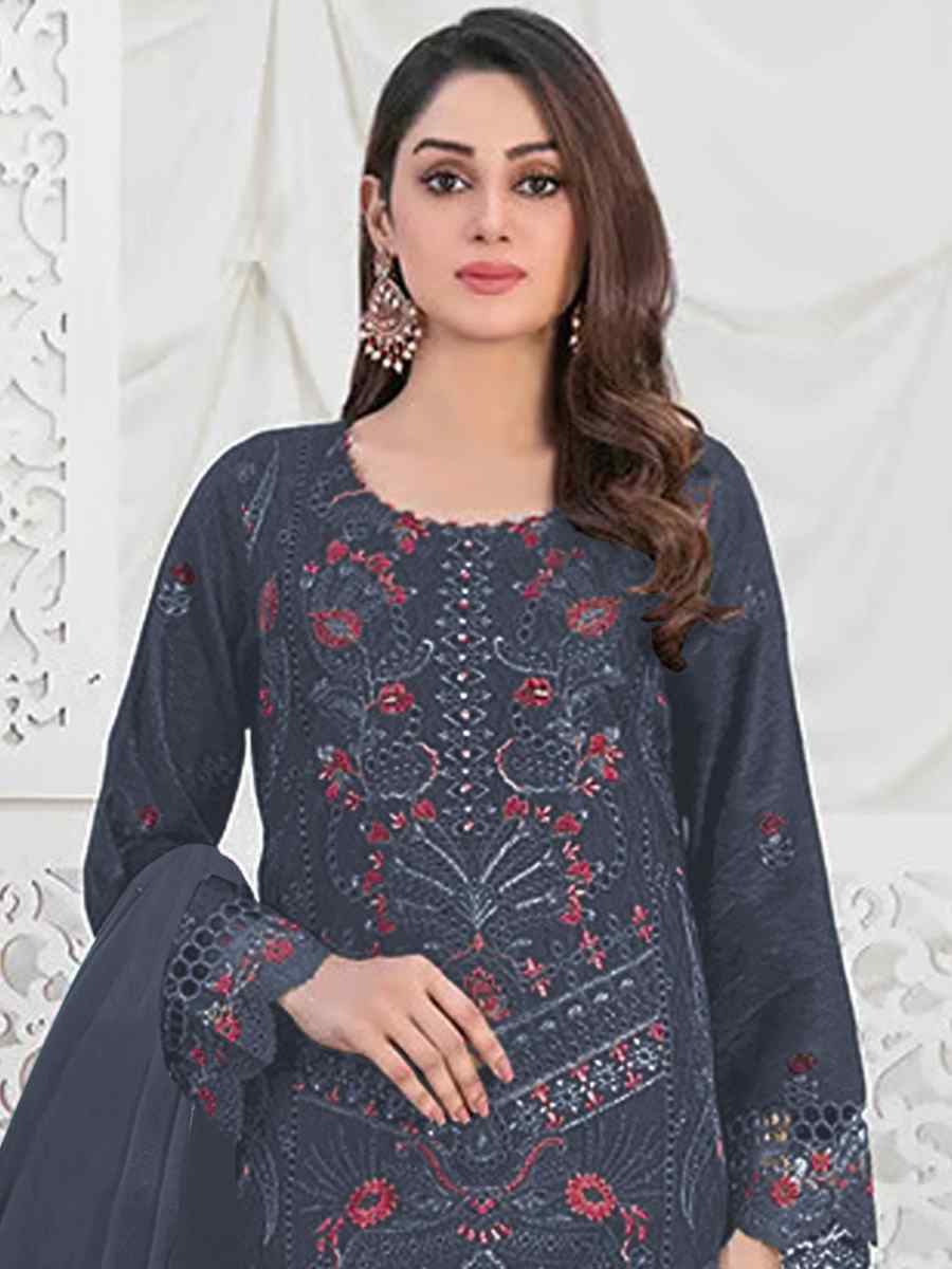 Navy Blue Faux Georgette Embroidered Festival Casual Pant Salwar Kameez