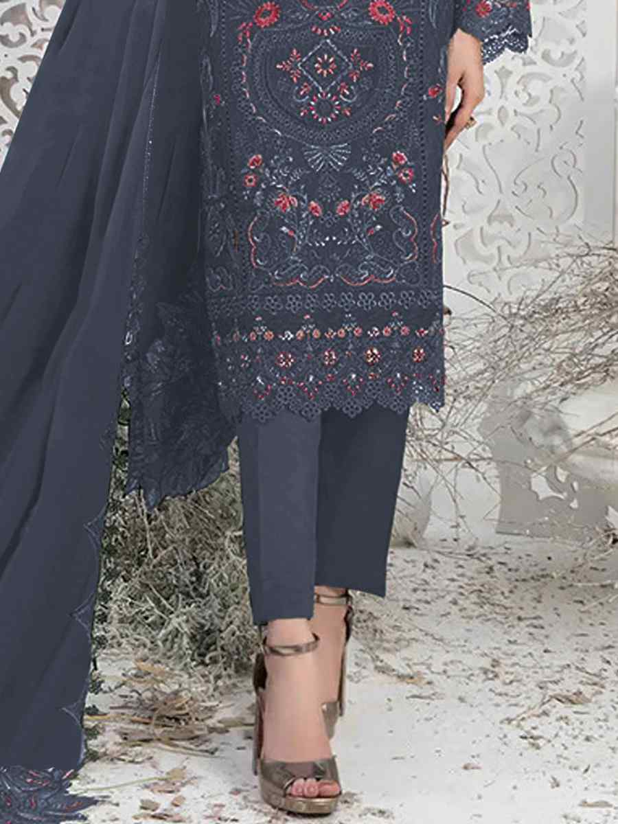 Navy Blue Faux Georgette Embroidered Festival Casual Pant Salwar Kameez