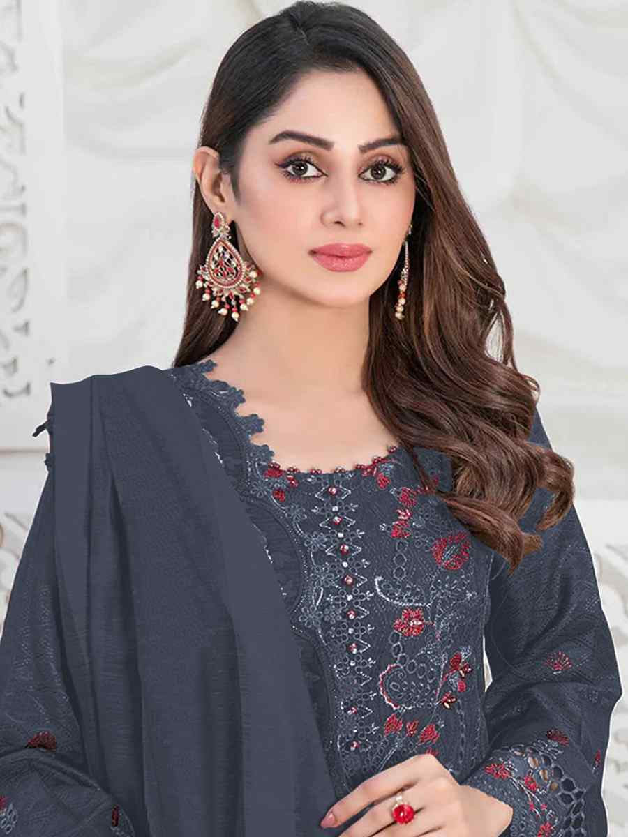 Navy Blue Faux Georgette Embroidered Festival Casual Pant Salwar Kameez