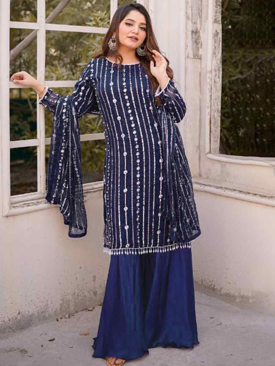 Navy Blue Faux Georgette Embroidered Festival Wedding Palazzo Pant Ready Salwar Kameez