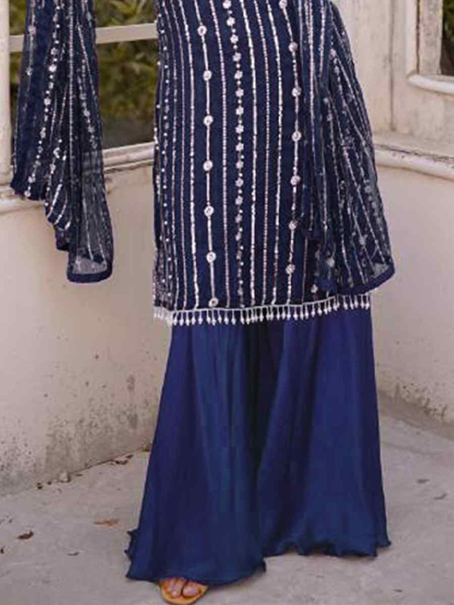 Navy Blue Faux Georgette Embroidered Festival Wedding Palazzo Pant Ready Salwar Kameez