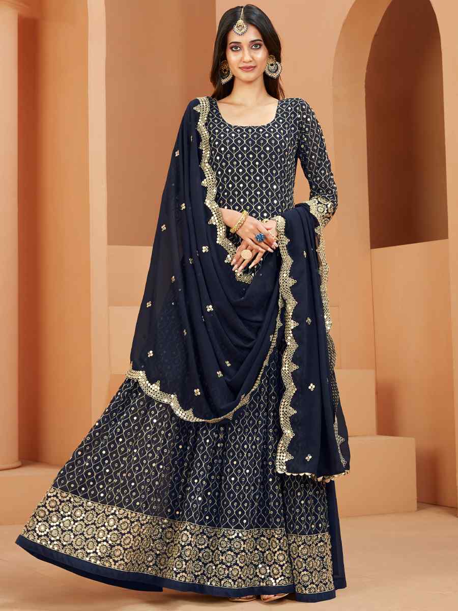 Navy Blue Faux Georgette Embroidered Wedding Festival Anarkali Salwar Kameez