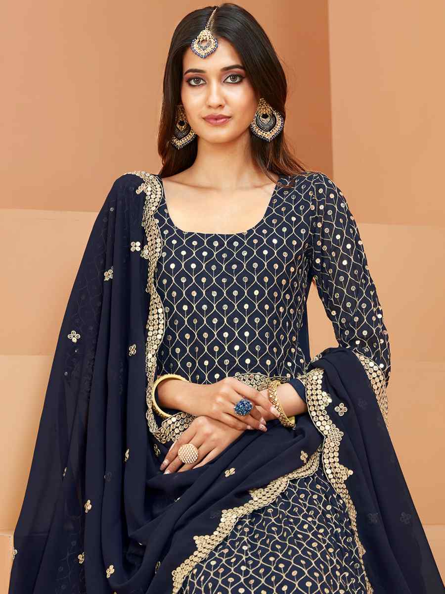 Navy Blue Faux Georgette Embroidered Wedding Festival Anarkali Salwar Kameez