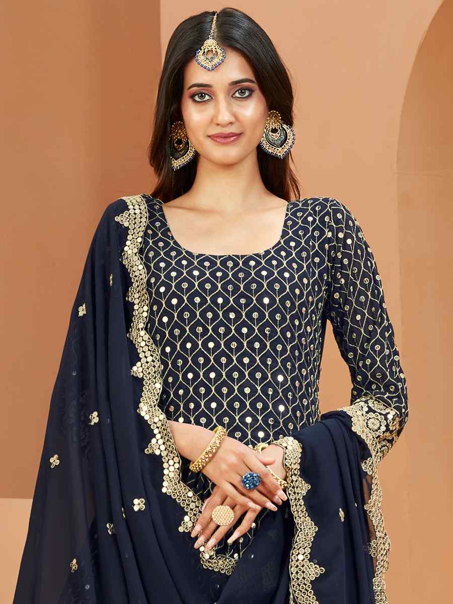 Navy Blue Faux Georgette Embroidered Wedding Festival Anarkali Salwar Kameez