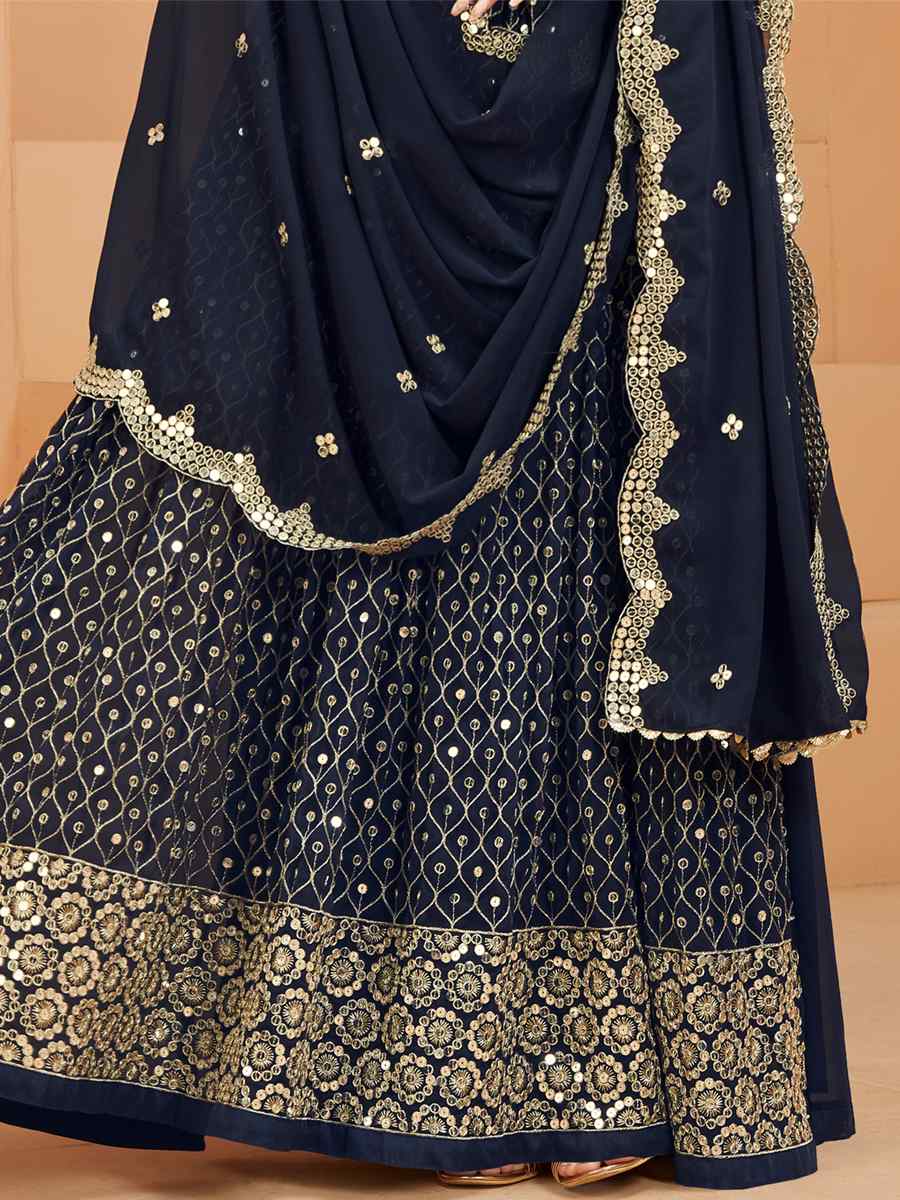 Navy Blue Faux Georgette Embroidered Wedding Festival Anarkali Salwar Kameez