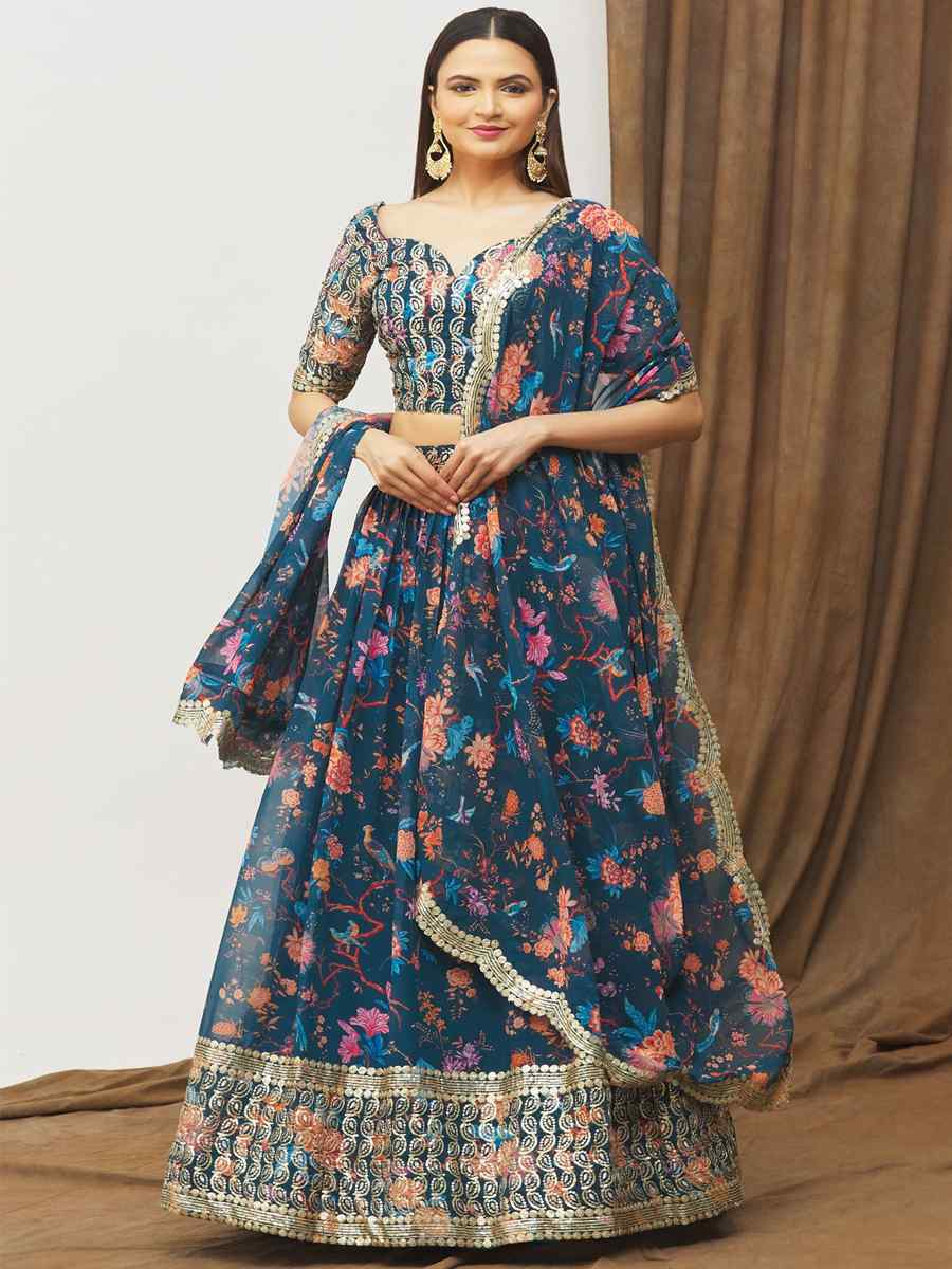 Navy Blue Faux Georgette Embroidery Reception Party Wear Heavy Border Lehenga Choli