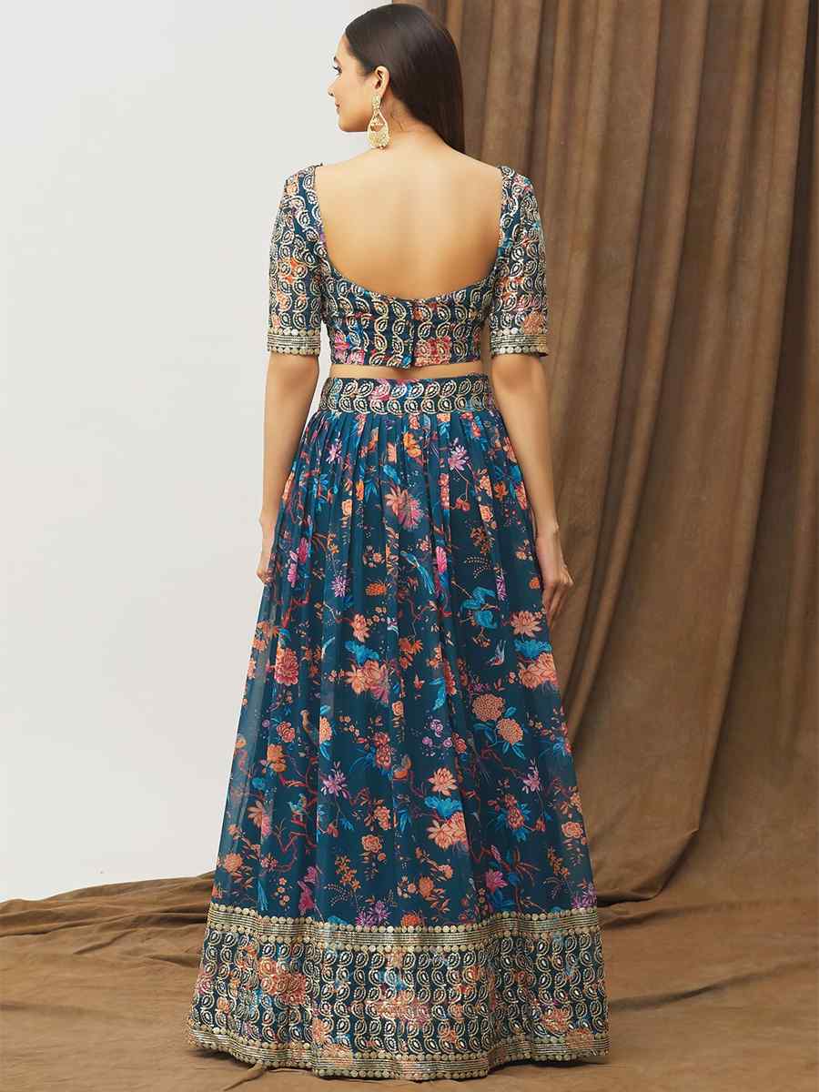 Navy Blue Faux Georgette Embroidery Reception Party Wear Heavy Border Lehenga Choli