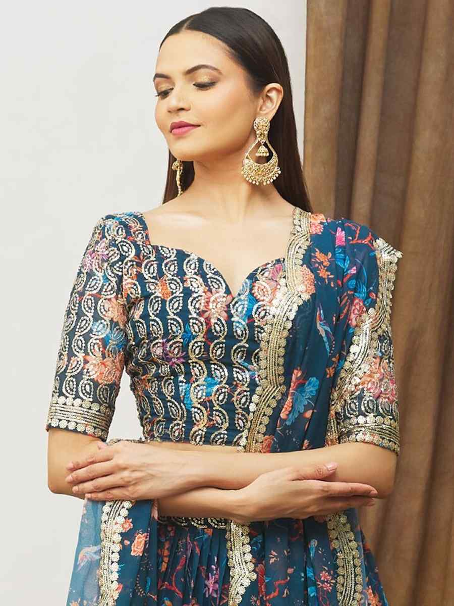 Navy Blue Faux Georgette Embroidery Reception Party Wear Heavy Border Lehenga Choli