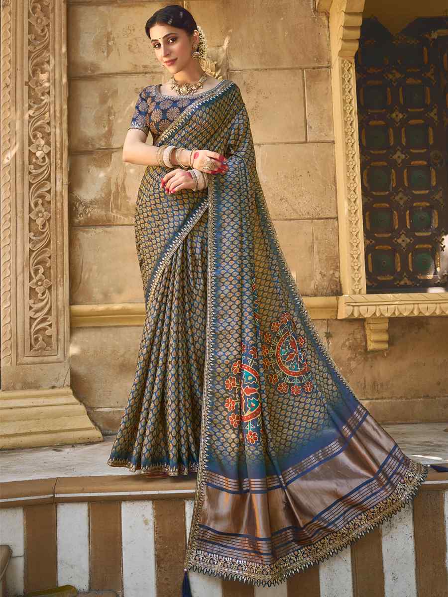 Navy Blue Gajji Silk Handwoven Festival Casual Heavy Border Saree