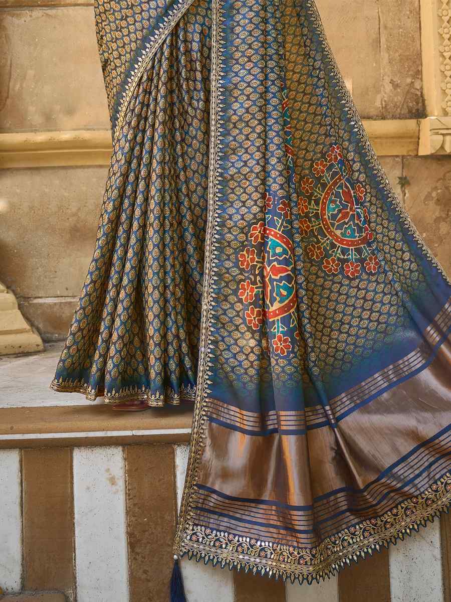 Navy Blue Gajji Silk Handwoven Festival Casual Heavy Border Saree