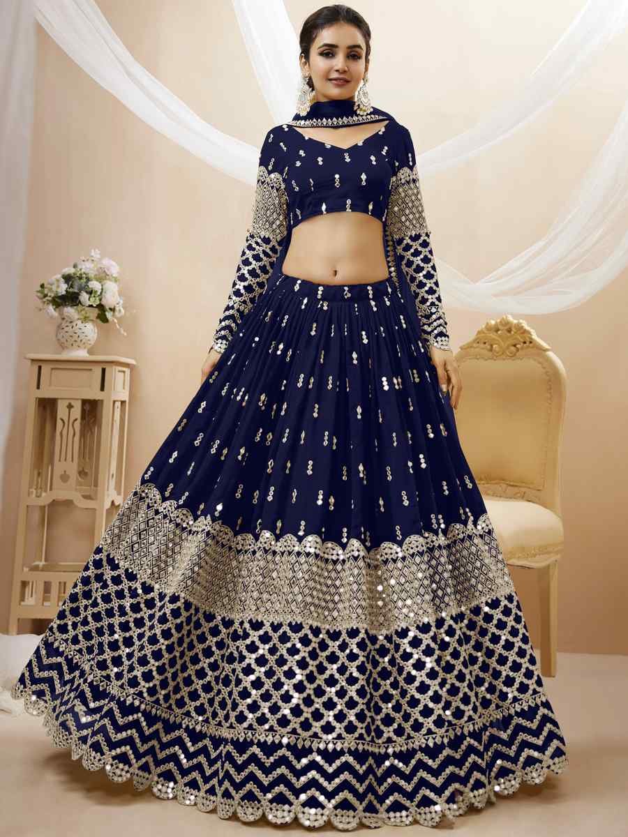 Navy Blue Georgette Embroidered Bridesmaid Wedding Heavy Border Lehenga Choli