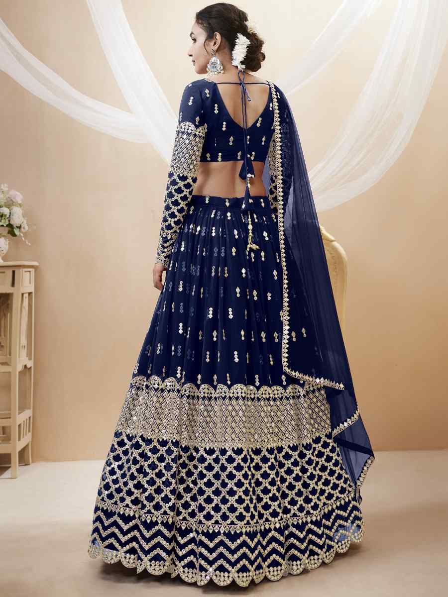 Navy Blue Georgette Embroidered Bridesmaid Wedding Heavy Border Lehenga Choli