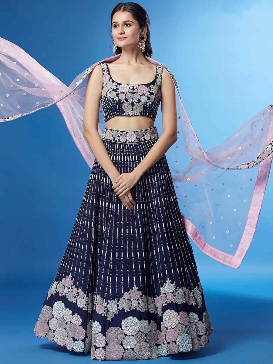 Navy Blue Georgette Embroidered Bridesmaid Wedding Heavy Border Lehenga Choli