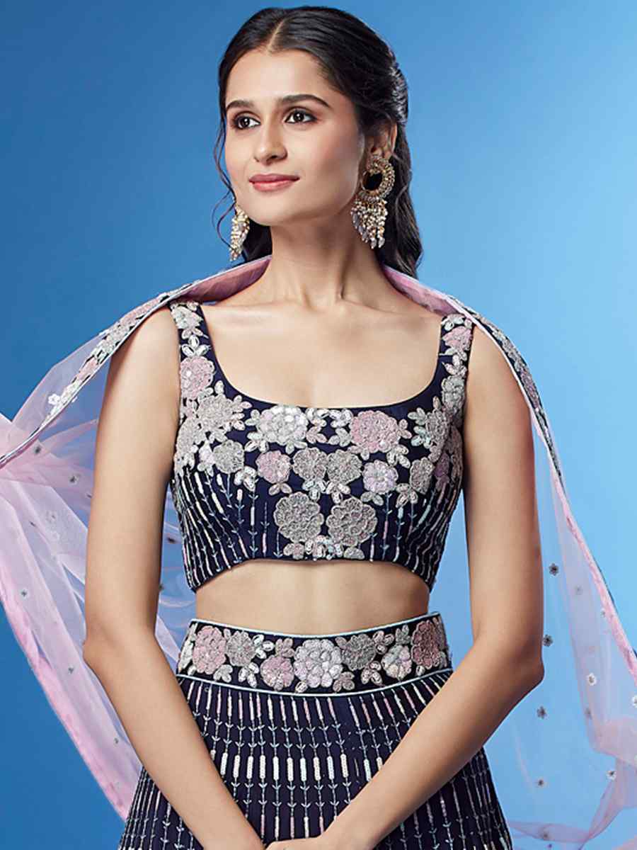 Navy Blue Georgette Embroidered Bridesmaid Wedding Heavy Border Lehenga Choli