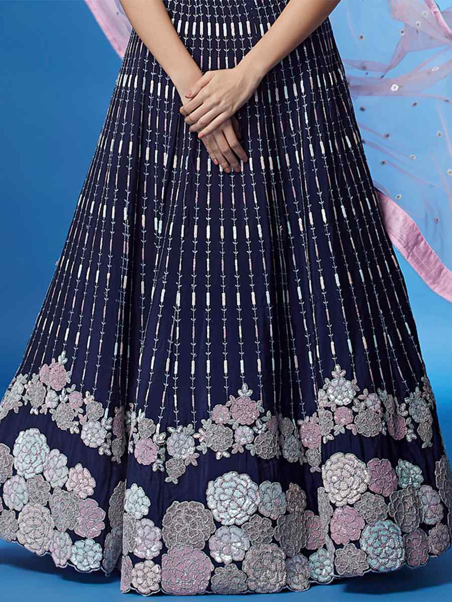 Navy Blue Georgette Embroidered Bridesmaid Wedding Heavy Border Lehenga Choli