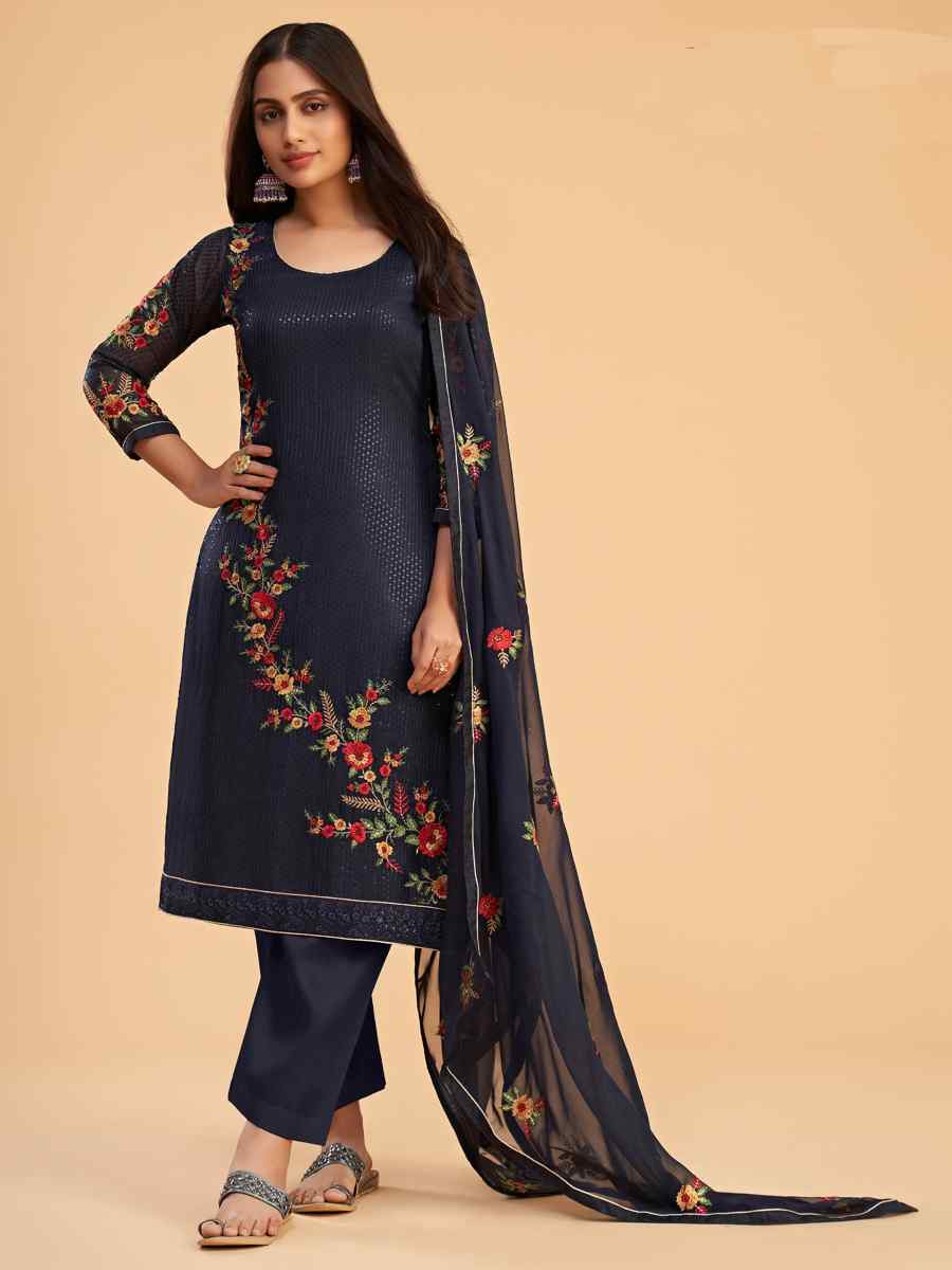 Navy Blue Georgette Embroidered Festival Casual Pant Salwar Kameez