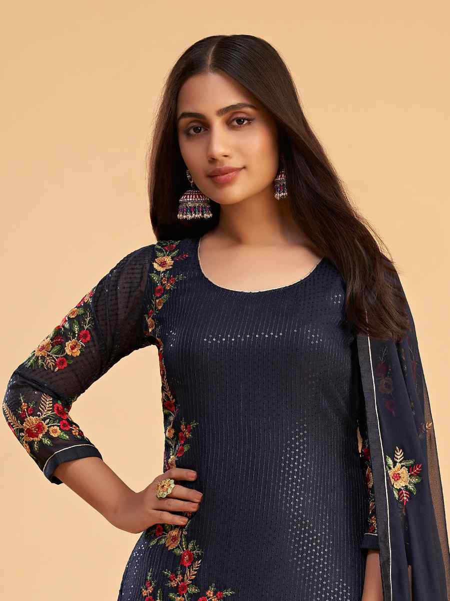 Navy Blue Georgette Embroidered Festival Casual Pant Salwar Kameez