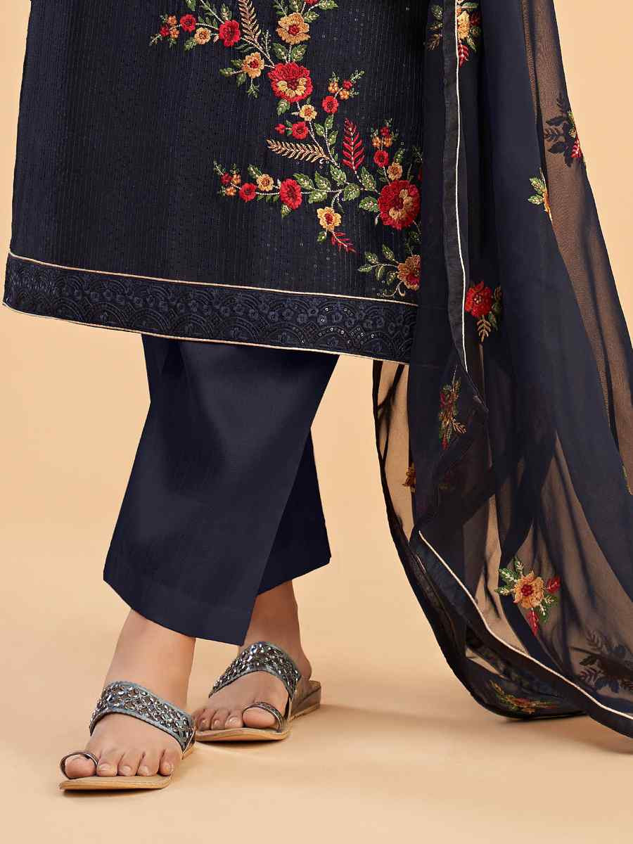 Navy Blue Georgette Embroidered Festival Casual Pant Salwar Kameez