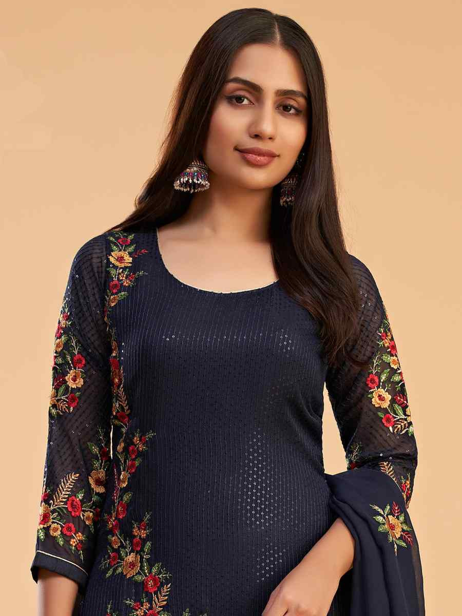 Navy Blue Georgette Embroidered Festival Casual Pant Salwar Kameez