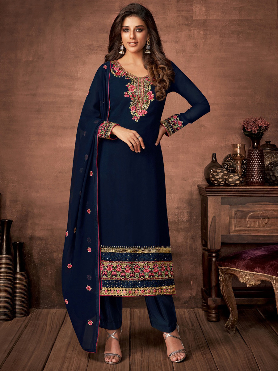 Navy Blue Georgette Embroidered Festival Casual Pant Salwar Kameez