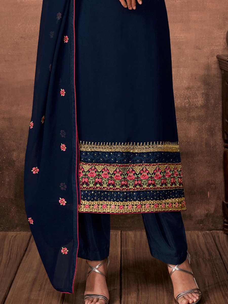 Navy Blue Georgette Embroidered Festival Casual Pant Salwar Kameez