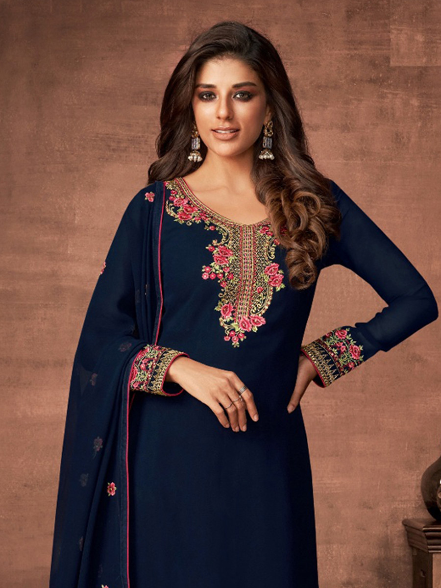 Navy Blue Georgette Embroidered Festival Casual Pant Salwar Kameez