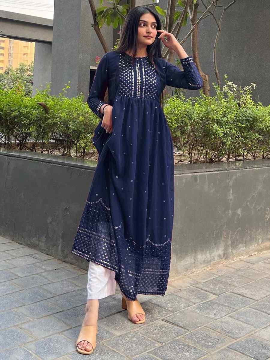 Navy Blue Georgette Embroidered Festival Casual Ready Pant Salwar Kameez