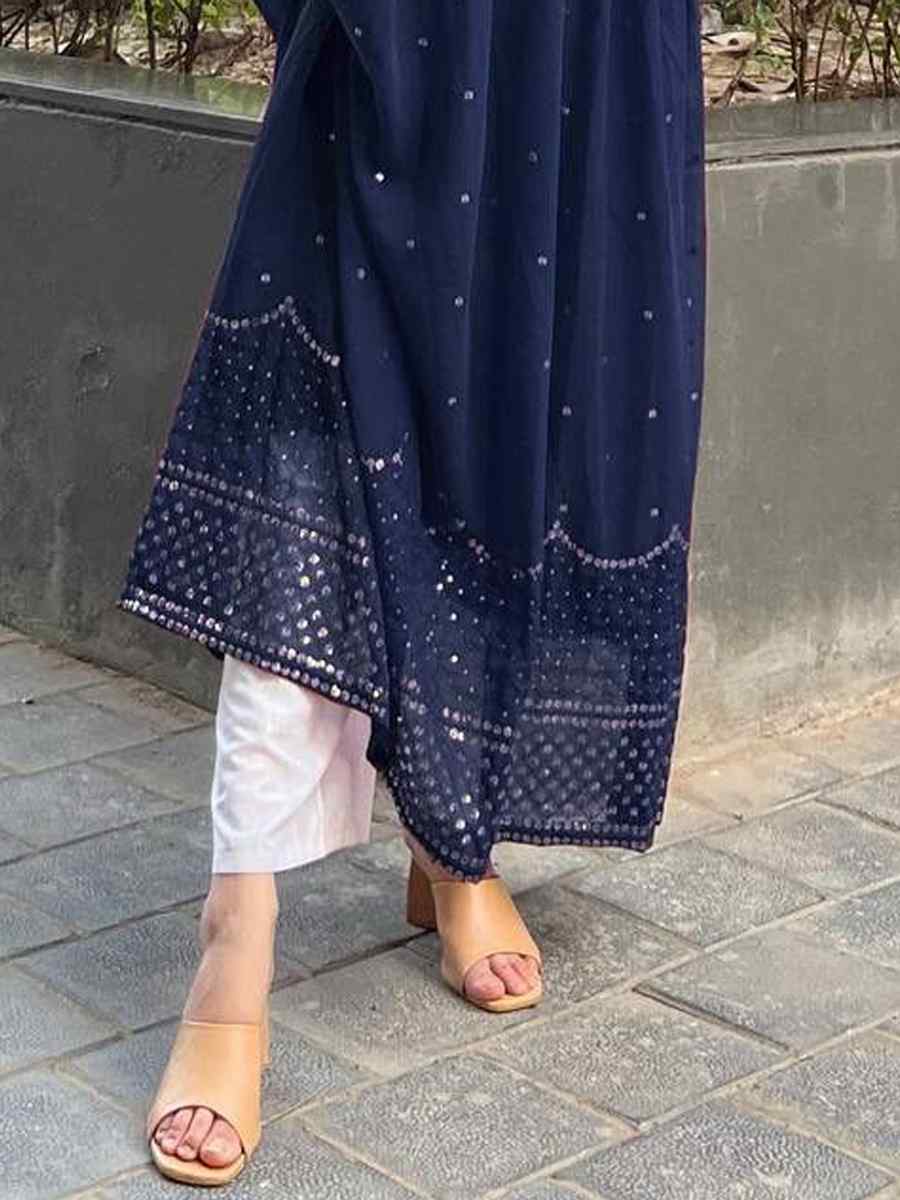 Navy Blue Georgette Embroidered Festival Casual Ready Pant Salwar Kameez