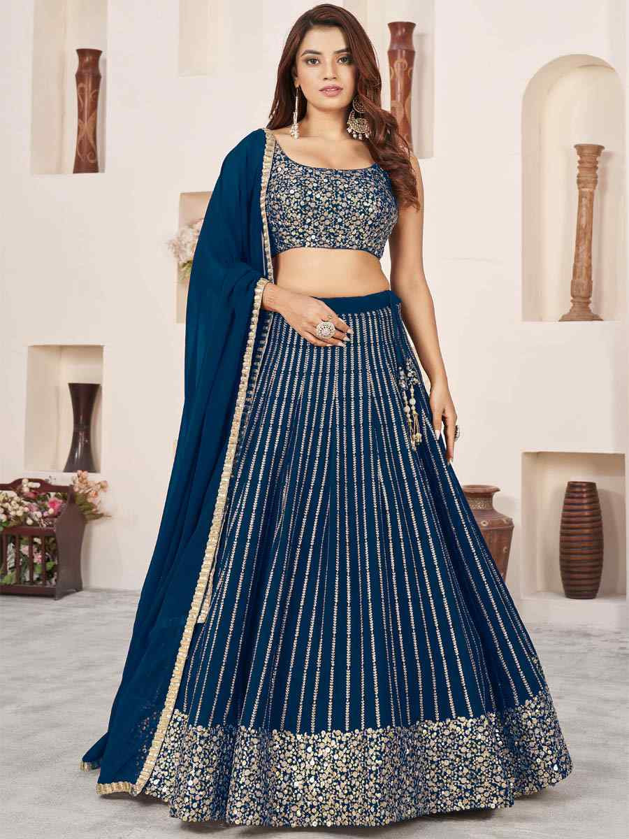 Navy Blue Georgette Embroidered Festival Mehendi Traditional Lehenga Choli