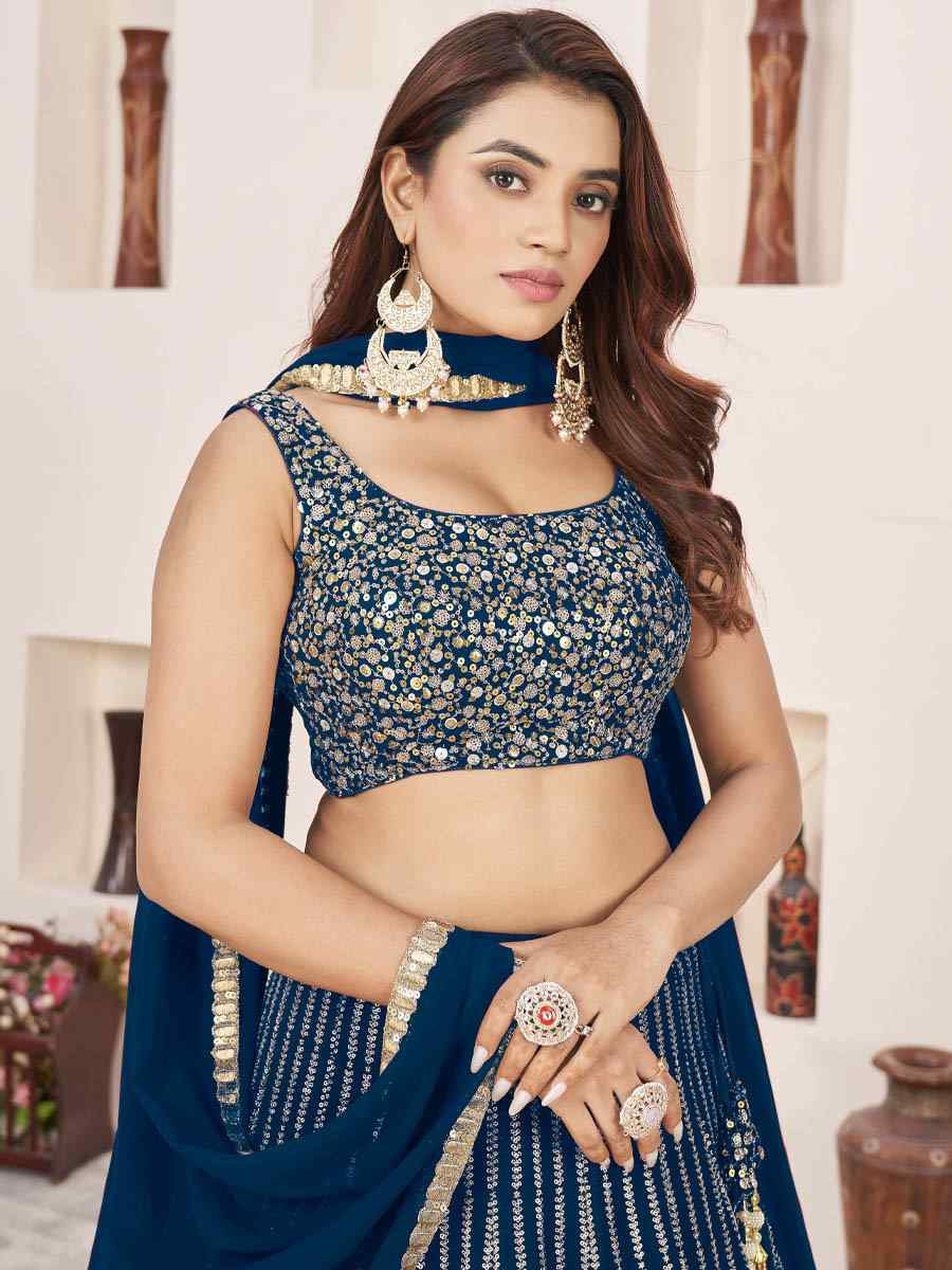 Navy Blue Georgette Embroidered Festival Mehendi Traditional Lehenga Choli