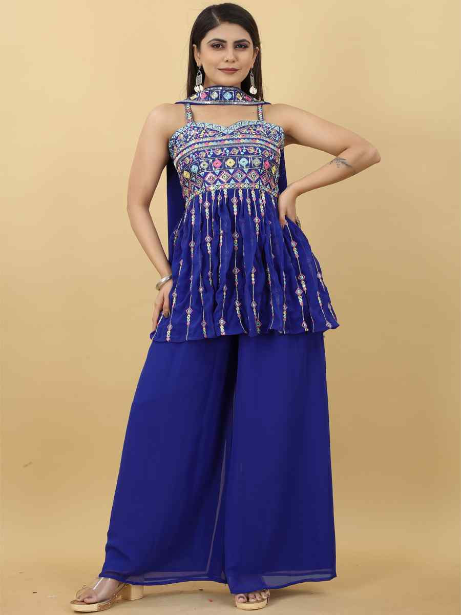 Navy Blue Georgette Embroidered Festival Wedding Ready Sharara Pant Salwar Kameez