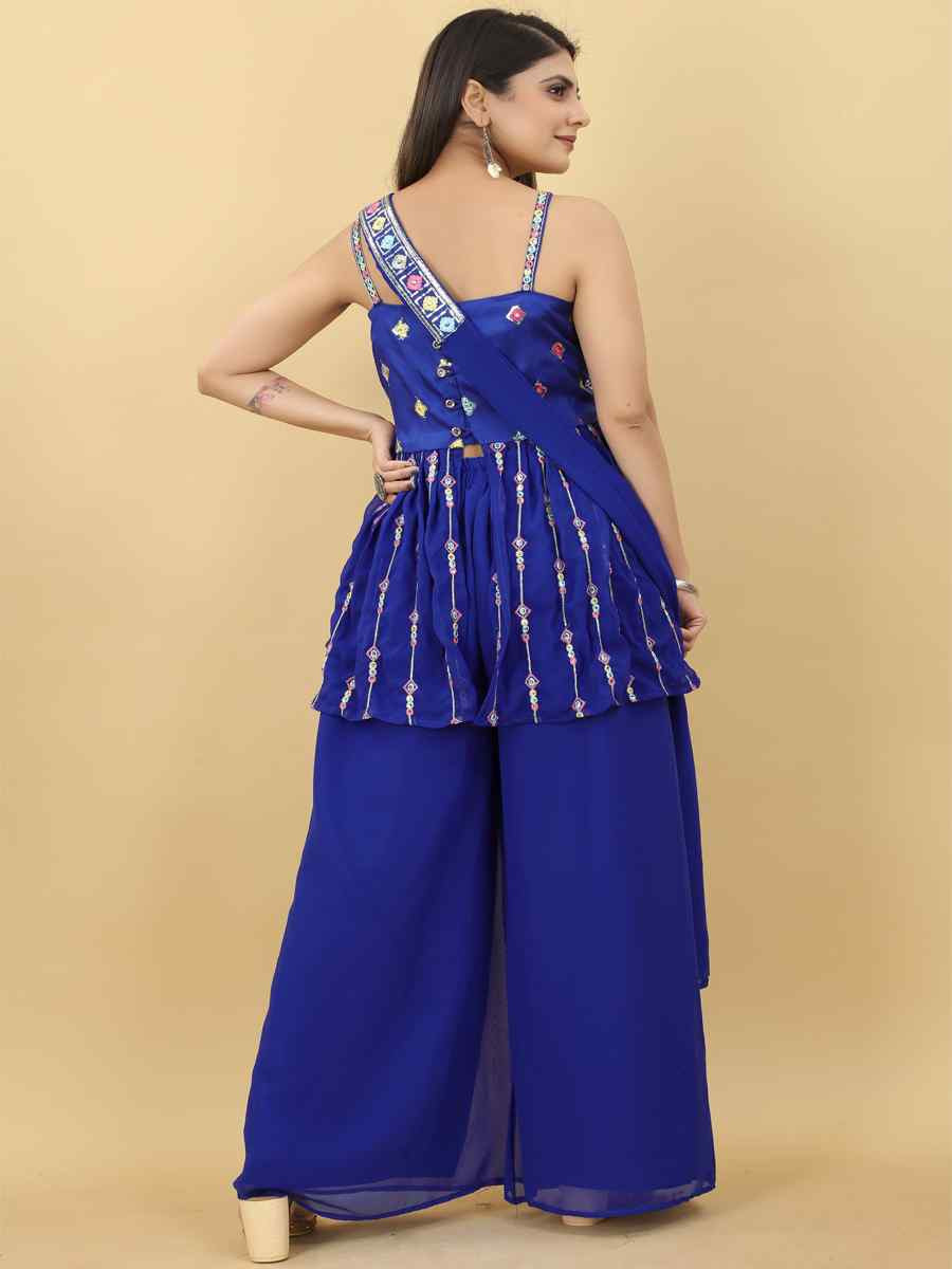 Navy Blue Georgette Embroidered Festival Wedding Ready Sharara Pant Salwar Kameez