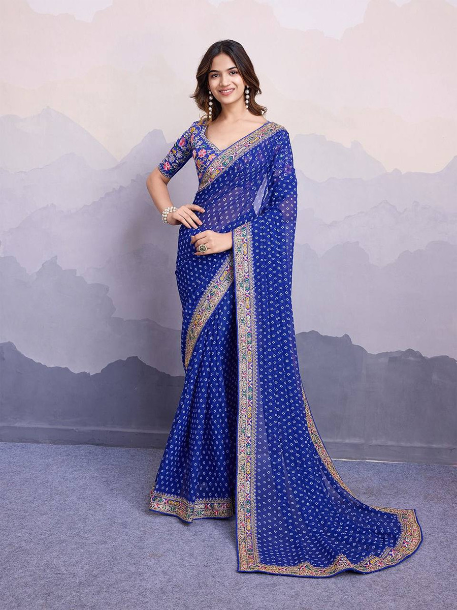 Navy Blue Georgette Handwoven Festival Party Heavy Border Saree