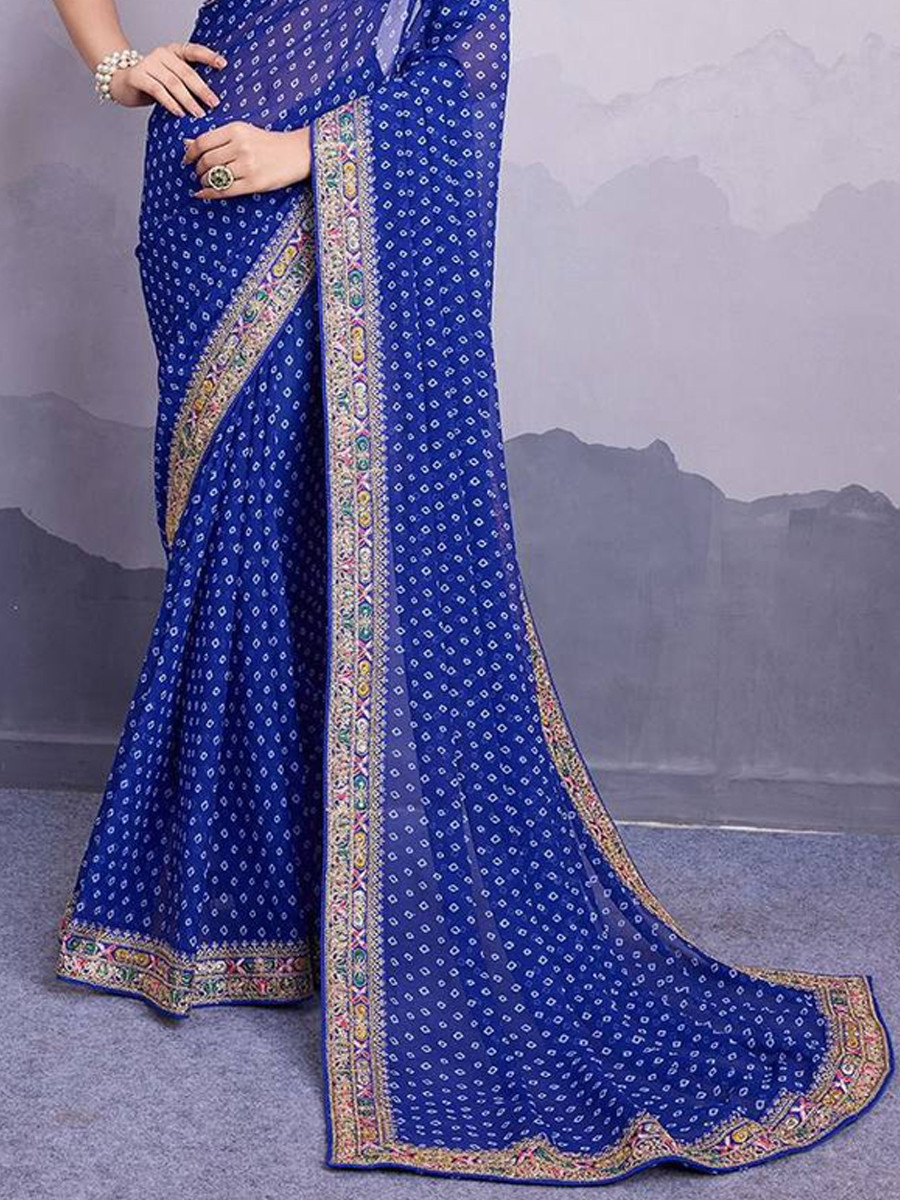 Navy Blue Georgette Handwoven Festival Party Heavy Border Saree