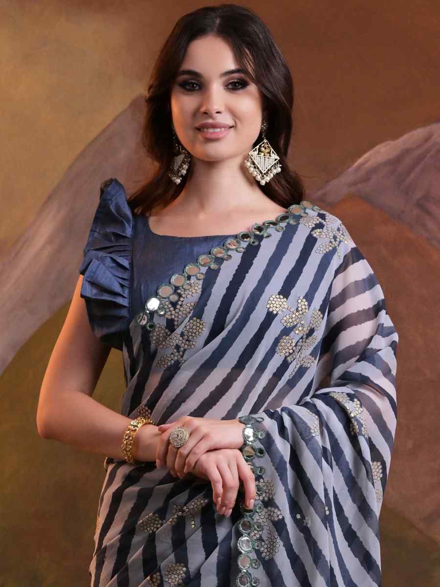 Navy Blue Georgette Printed Festival Casual Contemporary Saree