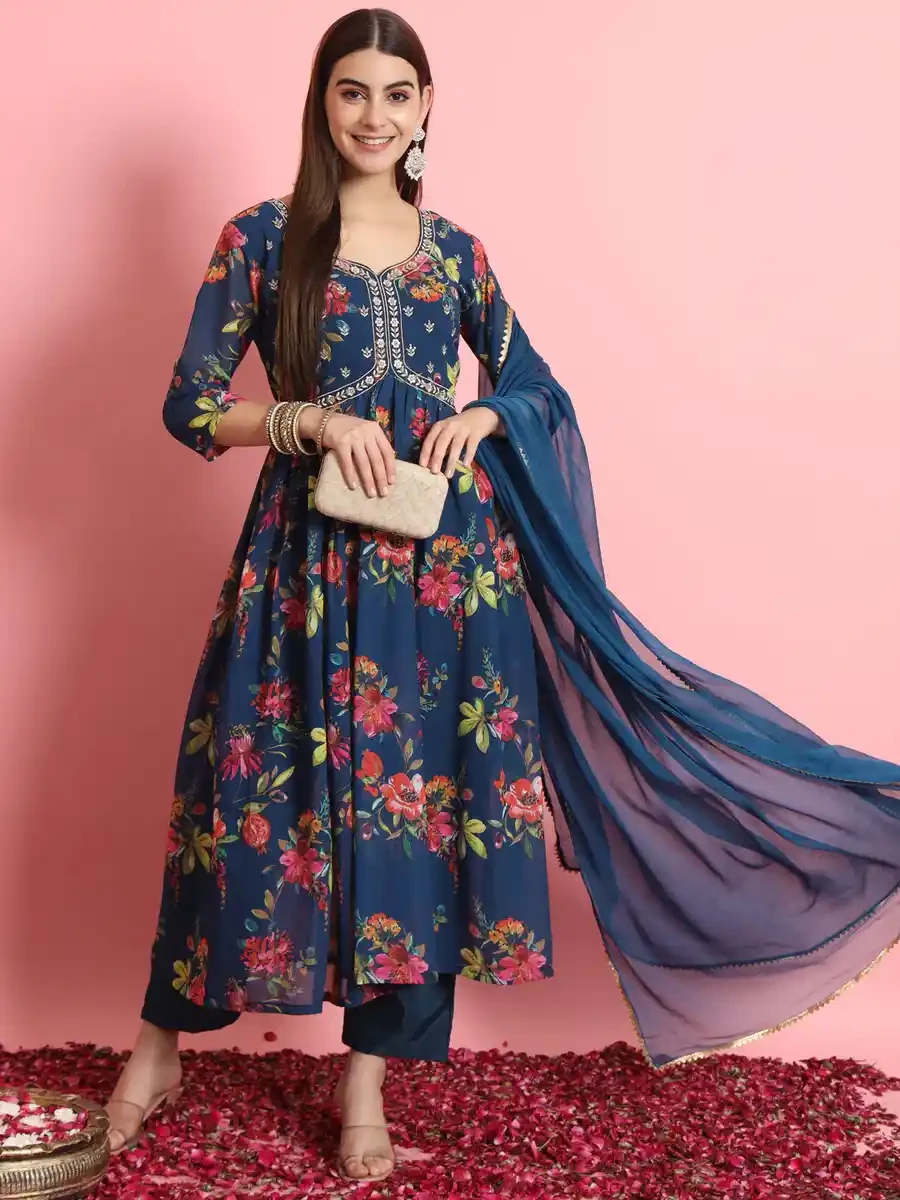 Navy Blue Georgette Printed Festival Casual Ready Pant Salwar Kameez