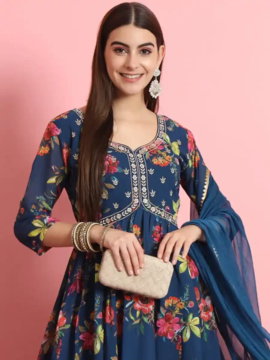 Navy Blue Georgette Printed Festival Casual Ready Pant Salwar Kameez