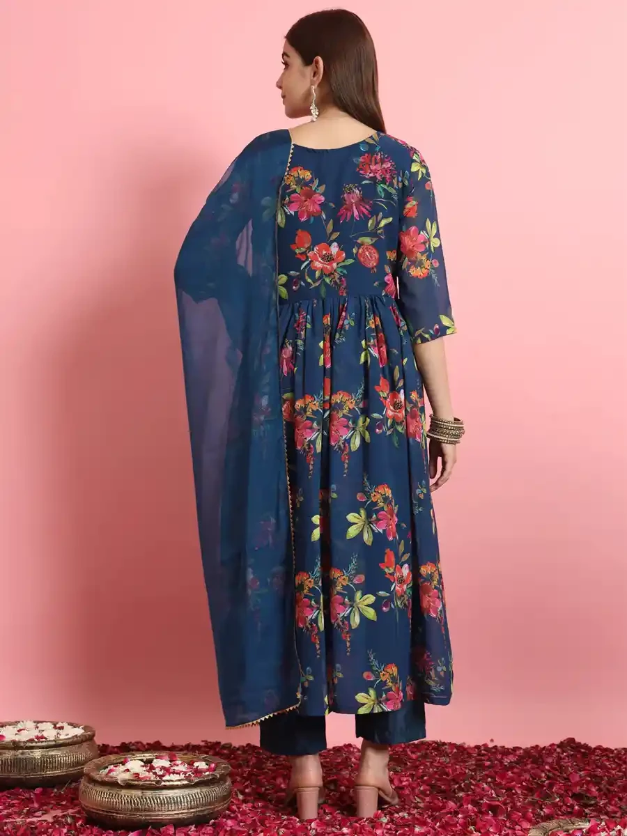 Navy Blue Georgette Printed Festival Casual Ready Pant Salwar Kameez