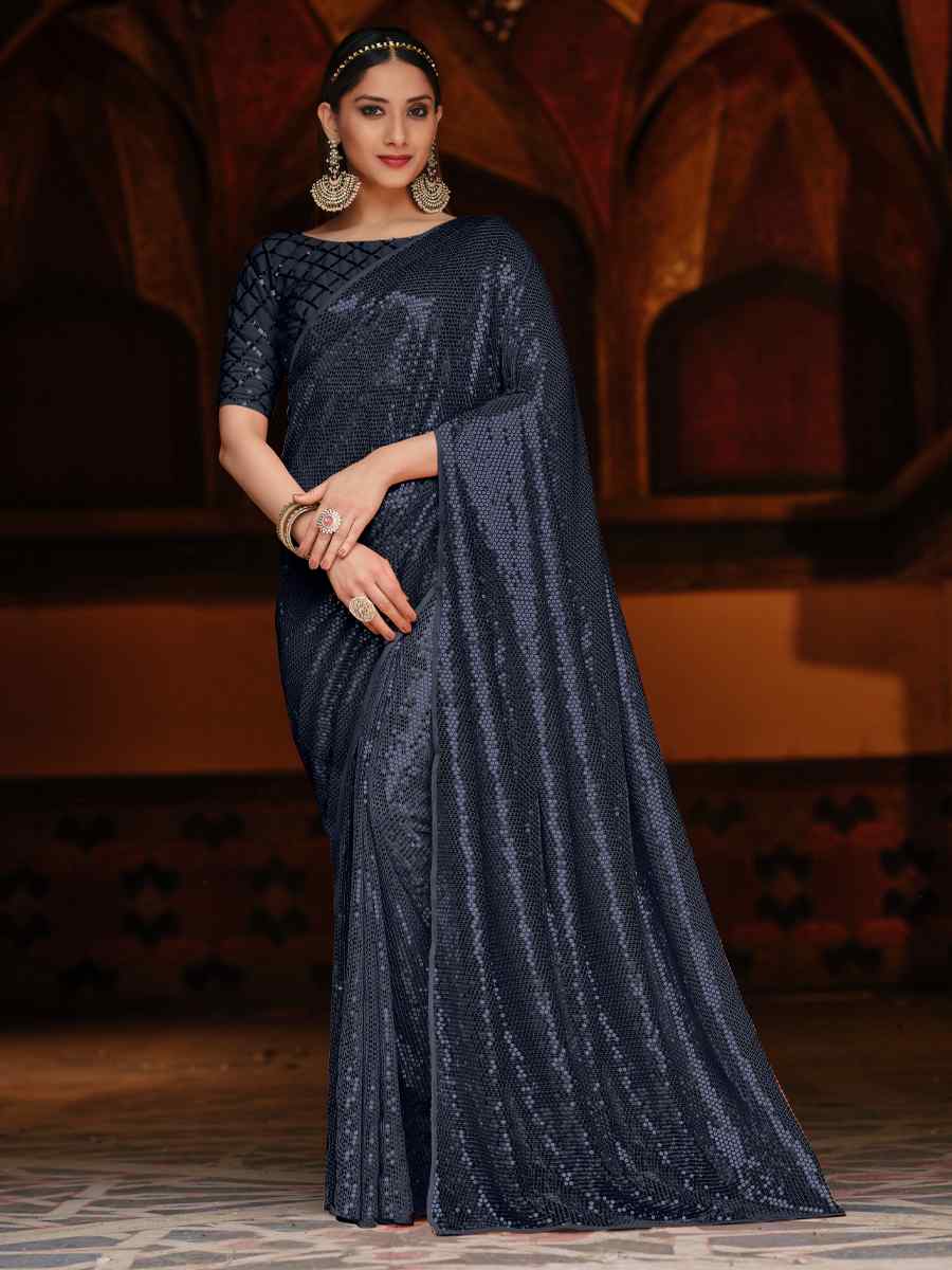 Navy Blue Georgette Sequins Cocktail Party Classic Style Saree