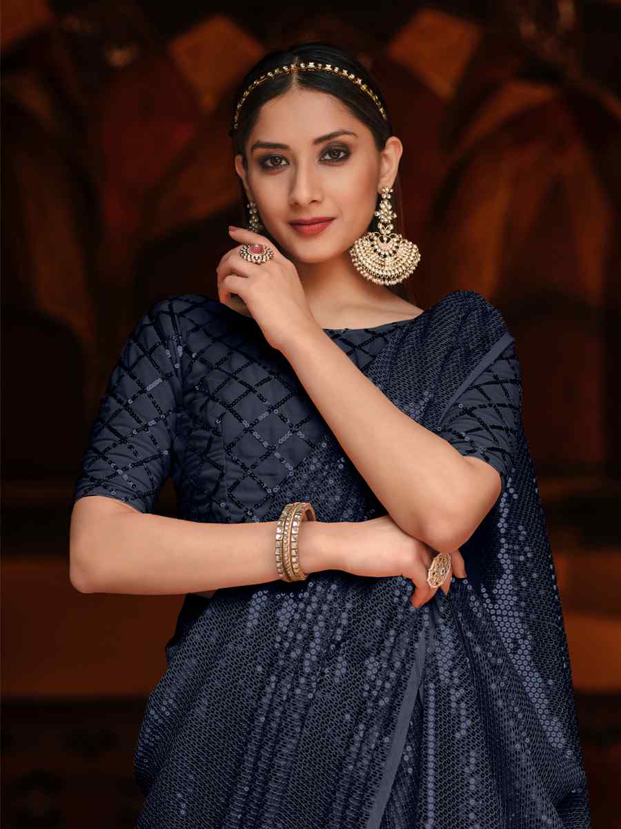 Navy Blue Georgette Sequins Cocktail Party Classic Style Saree