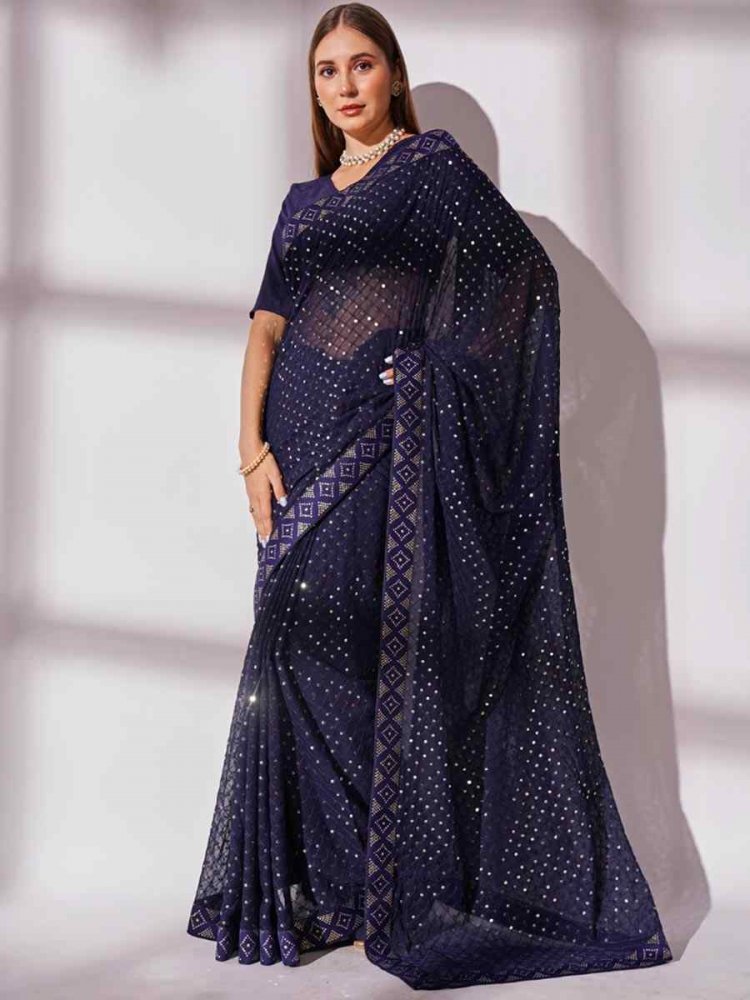 Navy Blue Georgette Sequins Party Festival Classic Style Saree