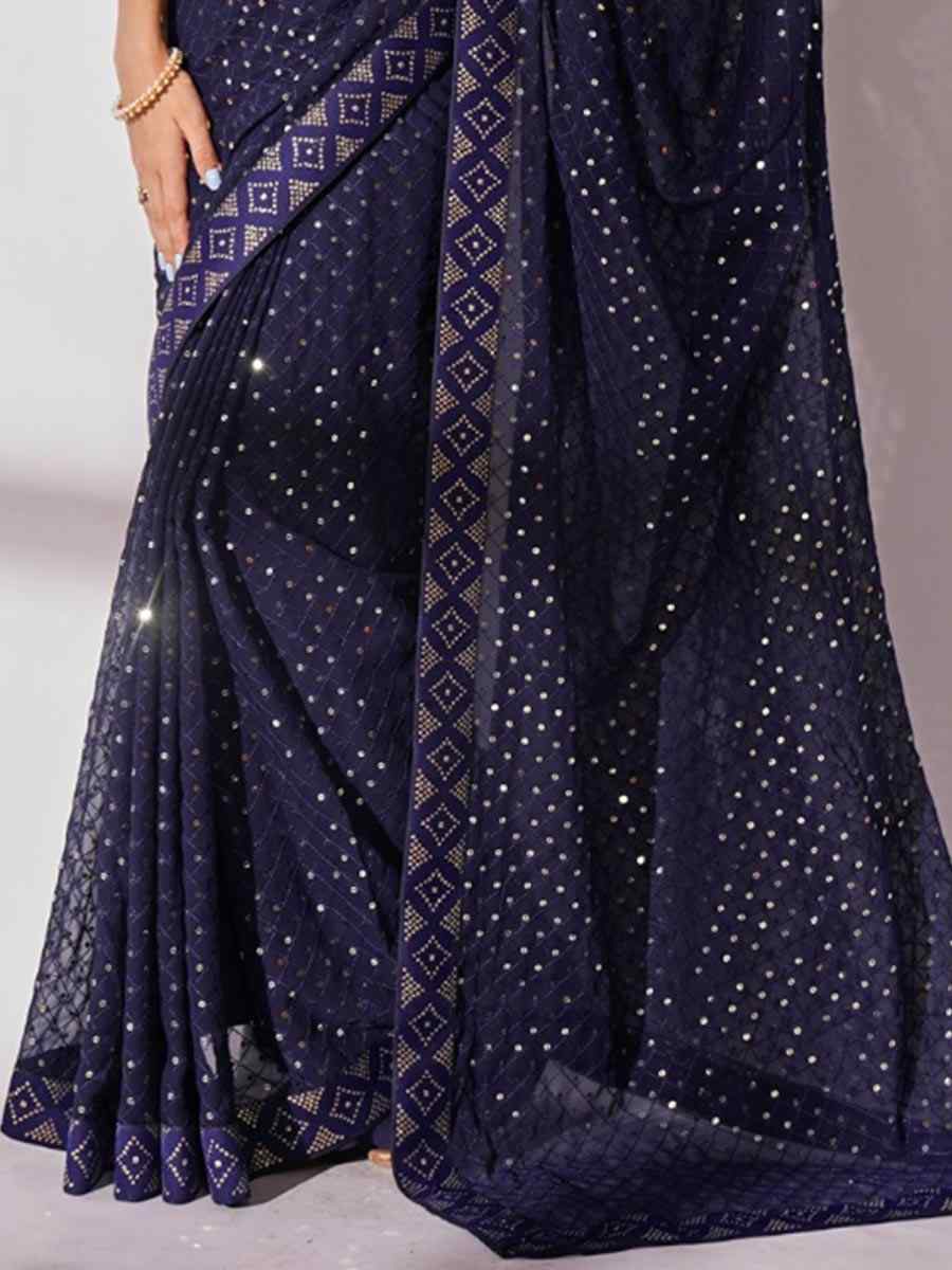 Navy Blue Georgette Sequins Party Festival Classic Style Saree