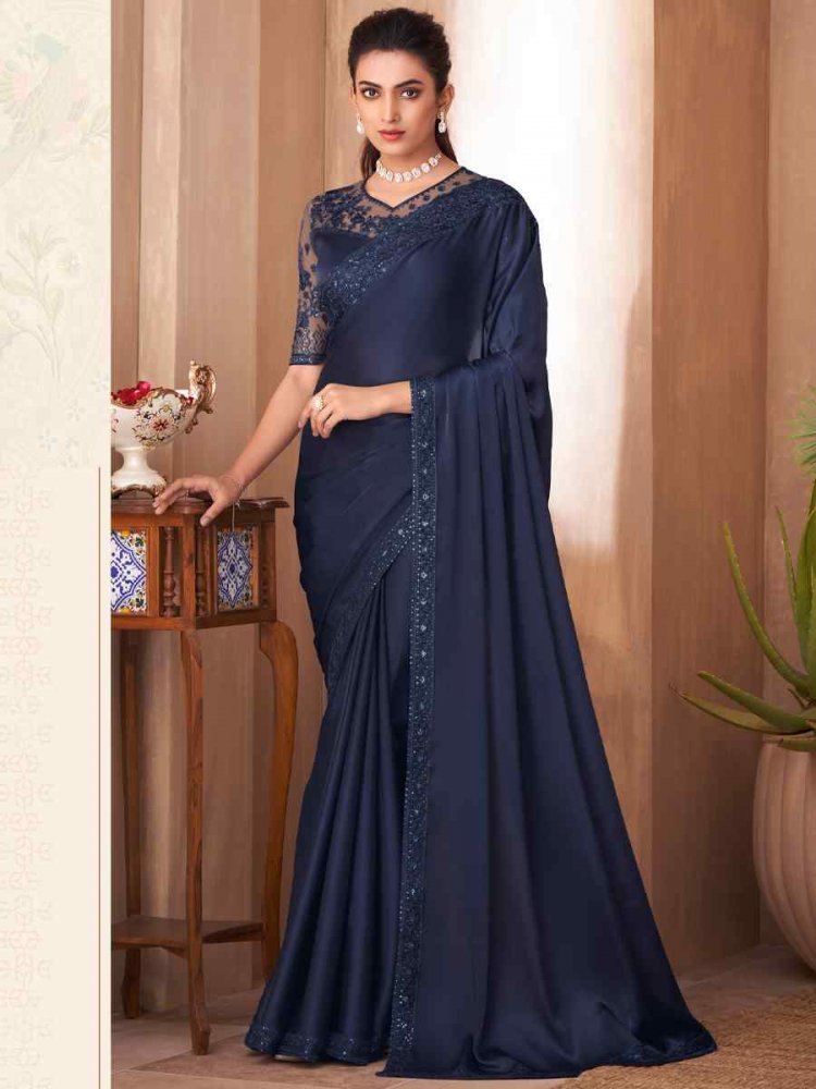 Navy Blue Glass Silk Embroidered Party Reception Heavy Border Saree