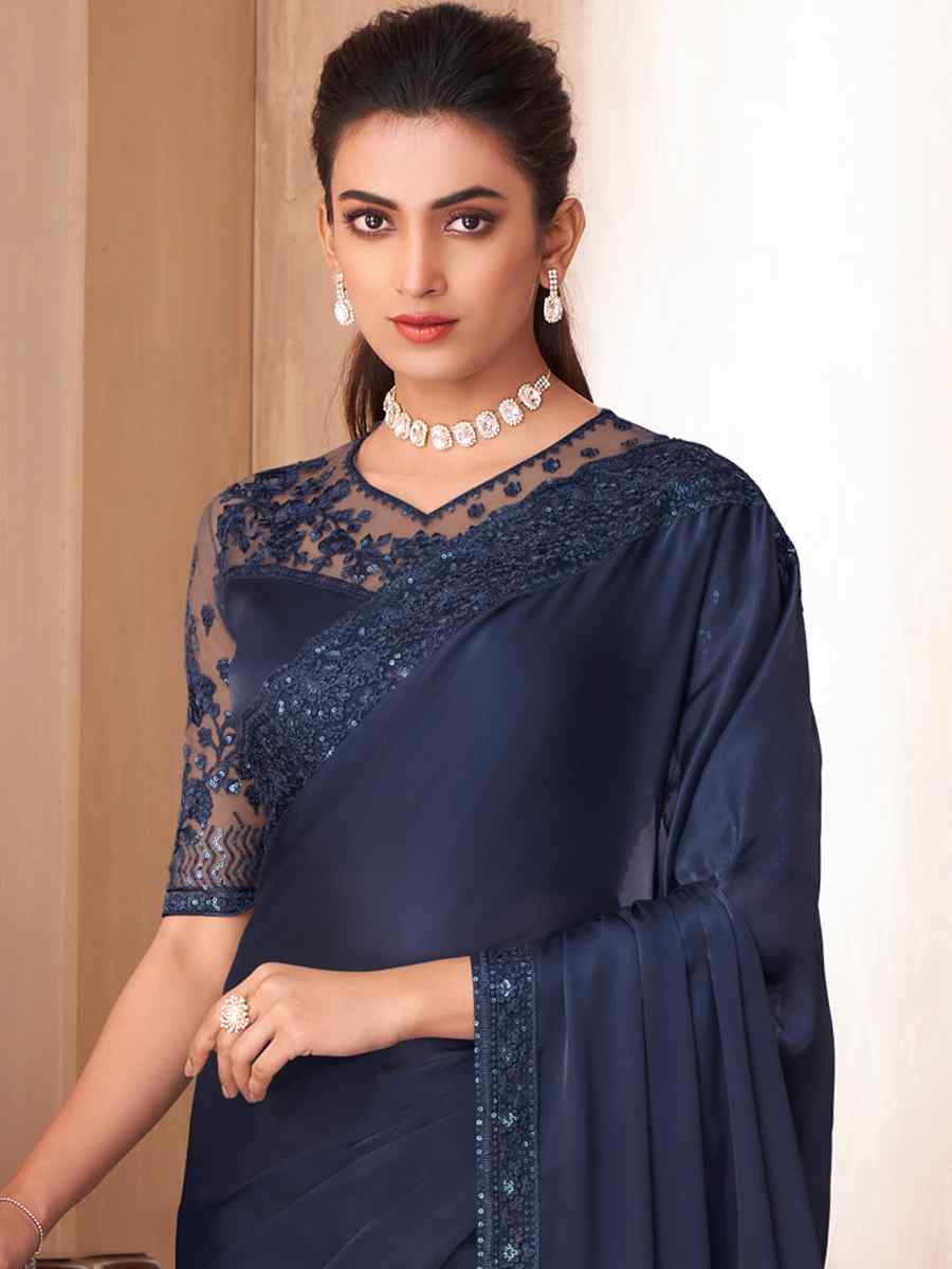 Navy Blue Glass Silk Embroidered Party Reception Heavy Border Saree