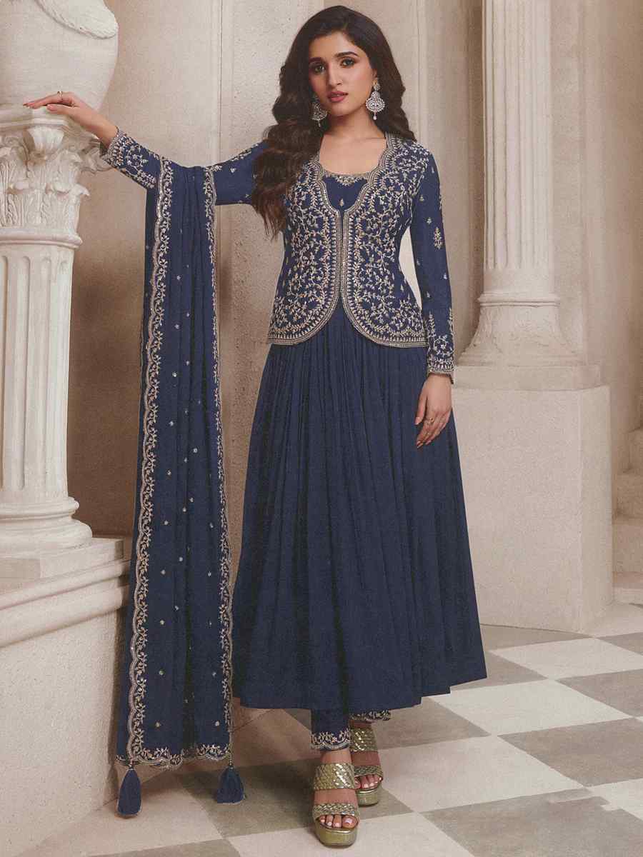 Navy Blue Heavy Chinon Embroidered Festival Wedding Anarkali Salwar Kameez