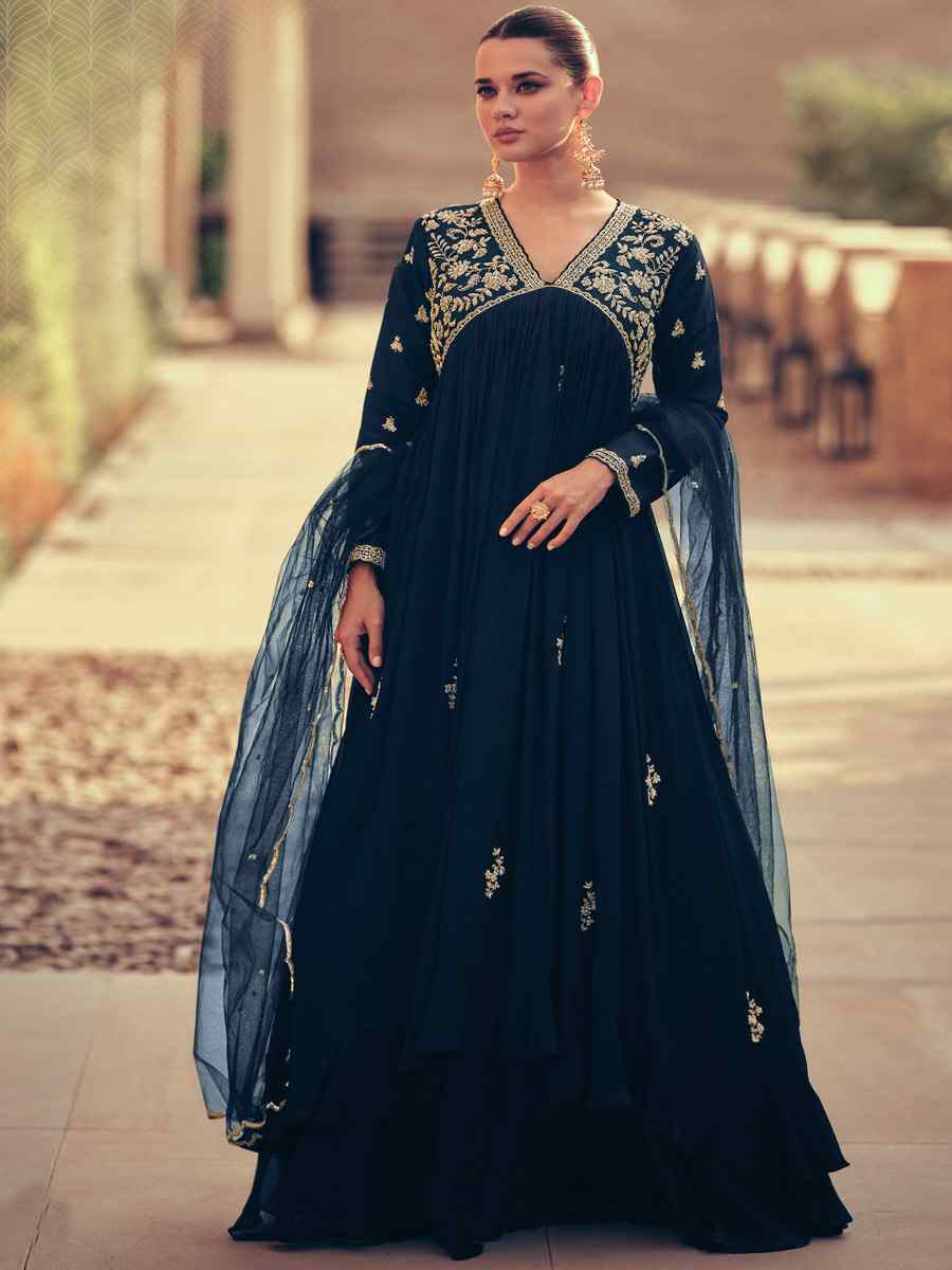 Navy Blue Heavy Chinon Embroidered Festival Wedding Ready Anarkali Salwar Kameez