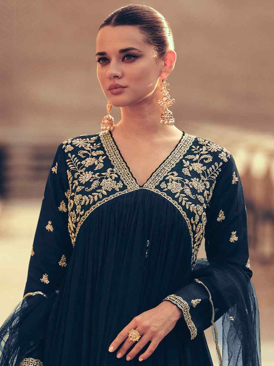 Navy Blue Heavy Chinon Embroidered Festival Wedding Ready Anarkali Salwar Kameez