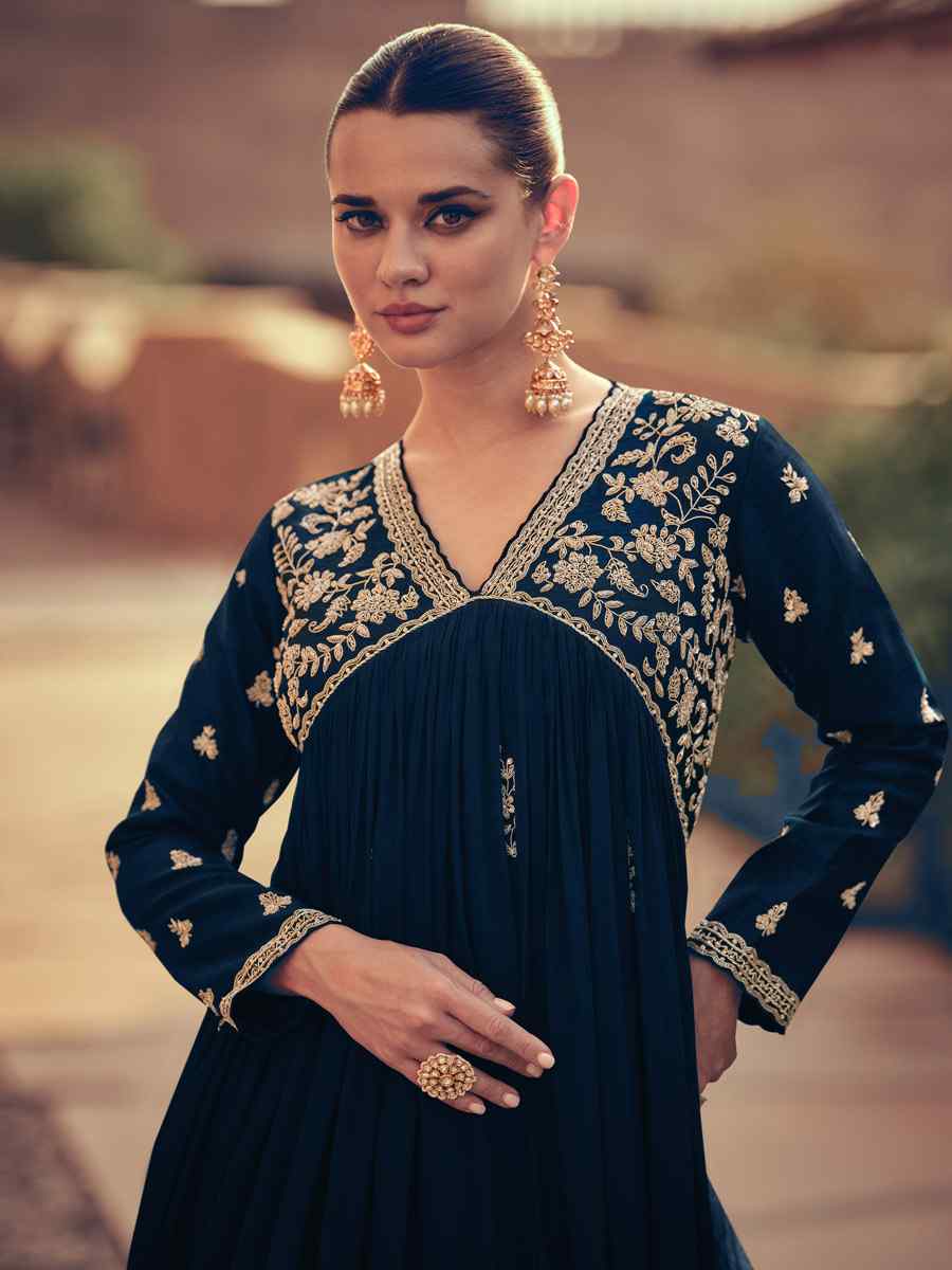 Navy Blue Heavy Chinon Embroidered Festival Wedding Ready Anarkali Salwar Kameez