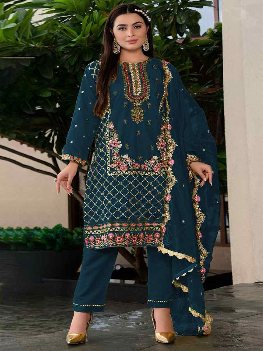 Navy Blue Heavy Faux Georgette Embroidered Festival Casual Pant Salwar Kameez