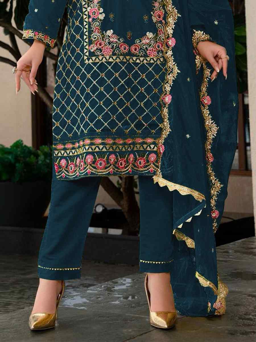 Navy Blue Heavy Faux Georgette Embroidered Festival Casual Pant Salwar Kameez